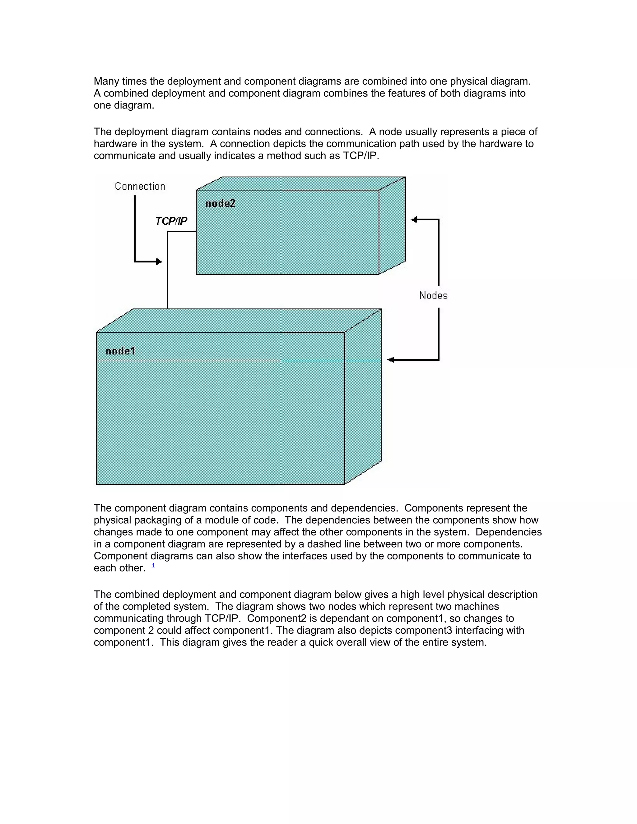 Many times the deployment and component diagrams are combined into one physical diagram.
A combined deployment and component diagram combines the features of both diagrams into
one diagram.

The deployment diagram contains nodes and connections. A node usually represents a piece of
hardware in the system. A connection depicts the communication path used by the hardware to
communicate and usually indicates a method such as TCP/IP.




The component diagram contains components and dependencies. Components represent the
physical packaging of a module of code. The dependencies between the components show how
changes made to one component may affect the other components in the system. Dependencies
in a component diagram are represented by a dashed line between two or more components.
Component diagrams can also show the interfaces used by the components to communicate to
each other. 1

The combined deployment and component diagram below gives a high level physical description
of the completed system. The diagram shows two nodes which represent two machines
communicating through TCP/IP. Component2 is dependant on component1, so changes to
component 2 could affect component1. The diagram also depicts component3 interfacing with
component1. This diagram gives the reader a quick overall view of the entire system.
 