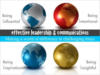 Being                                         Being
Inﬂuential                               Intentional

     effective leadership & communications
 Making a world of difference in challenging times




Being                                        Being
Inspirational                            Insightful
 