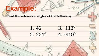 Example:
Find the reference angles of the following:
1. 42 3. 113°
2. 221° 4. -410°
 