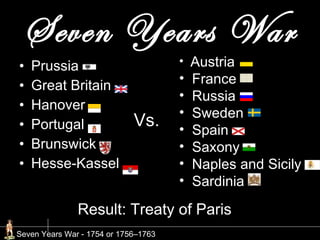 Seven Years War Prussia Great Britain Hanover Portugal Brunswick Hesse-Kassel   Austria France Russia Sweden Spain Saxony Naples and Sicily Sardinia Vs. Result: Treaty of Paris Seven Years War - 1754 or 1756–1763  