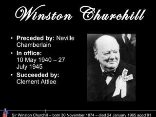 Winston Churchill Preceded by:  Neville Chamberlain  In office: 10 May 1940 – 27 July 1945  Succeeded by:  Clement Attlee Sir Winston Churchill – born 30 November 1874 – died 24 January 1965 aged 91 