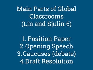 Main Parts of Global
Classrooms
(Lin and Sjulin 6)
1. Position Paper
2.Opening Speech
3.Caucuses (debate)
4.Draft Resolution
 