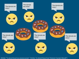 The donuts are
mine !
The donuts are
mine !
The donuts are
mine !
The donuts are
mine !
The donuts
are mine !
The donuts are
mine !
(Github ““A colored Emoji from emojione project” ;Twitter, “A colored Emoji from Twemoji v2 project [donut]” )
 