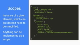 Scopes
Instance of a given
element, which can
but doesn’t need to
be simplified.
Anything can be
implemented as a
scope.
 