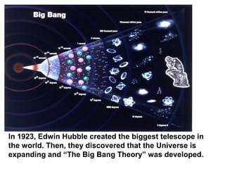 In 1923, Edwin Hubble created the biggest telescope in
the world. Then, they discovered that the Universe is
expanding and “The Big Bang Theory” was developed.