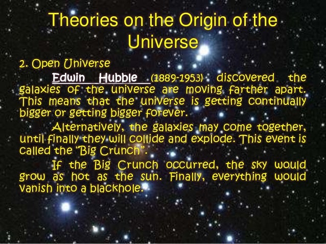 theories on origin of universe essay The origin of the universe essays throughout the years, mankind has examined the universe for signs of its origin for centuries, two possibilities have been the subject of much debate either the beginning of the universe just happened by coincidence, or an intelligent being is responsible for it. theories on origin of universe essay The origin of the universe essays throughout the years, mankind has examined the universe for signs of its origin for centuries, two possibilities have been the subject of much debate either the beginning of the universe just happened by coincidence, or an intelligent being is responsible for it.