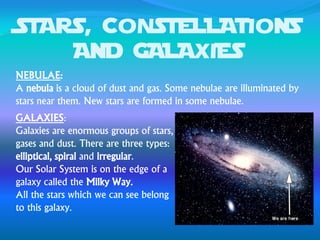 STARS, CONSTELLATIONS
AND GALAXIES
NEBULAE:
A nebula is a cloud of dust and gas. Some nebulae are illuminated by
stars near them. New stars are formed in some nebulae.
GALAXIES:
Galaxies are enormous groups of stars,
gases and dust. There are three types:
elliptical, spiral and irregular.
Our Solar System is on the edge of a
galaxy called the Milky Way.
All the stars which we can see belong
to this galaxy.
 