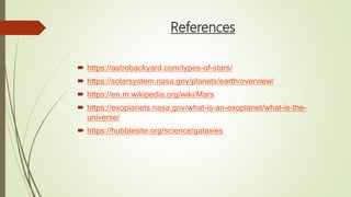 References
 https://astrobackyard.com/types-of-stars/
 https://solarsystem.nasa.gov/planets/earth/overview/
 https://en.m.wikipedia.org/wiki/Mars
 https://exoplanets.nasa.gov/what-is-an-exoplanet/what-is-the-
universe/
 https://hubblesite.org/science/galaxies
 