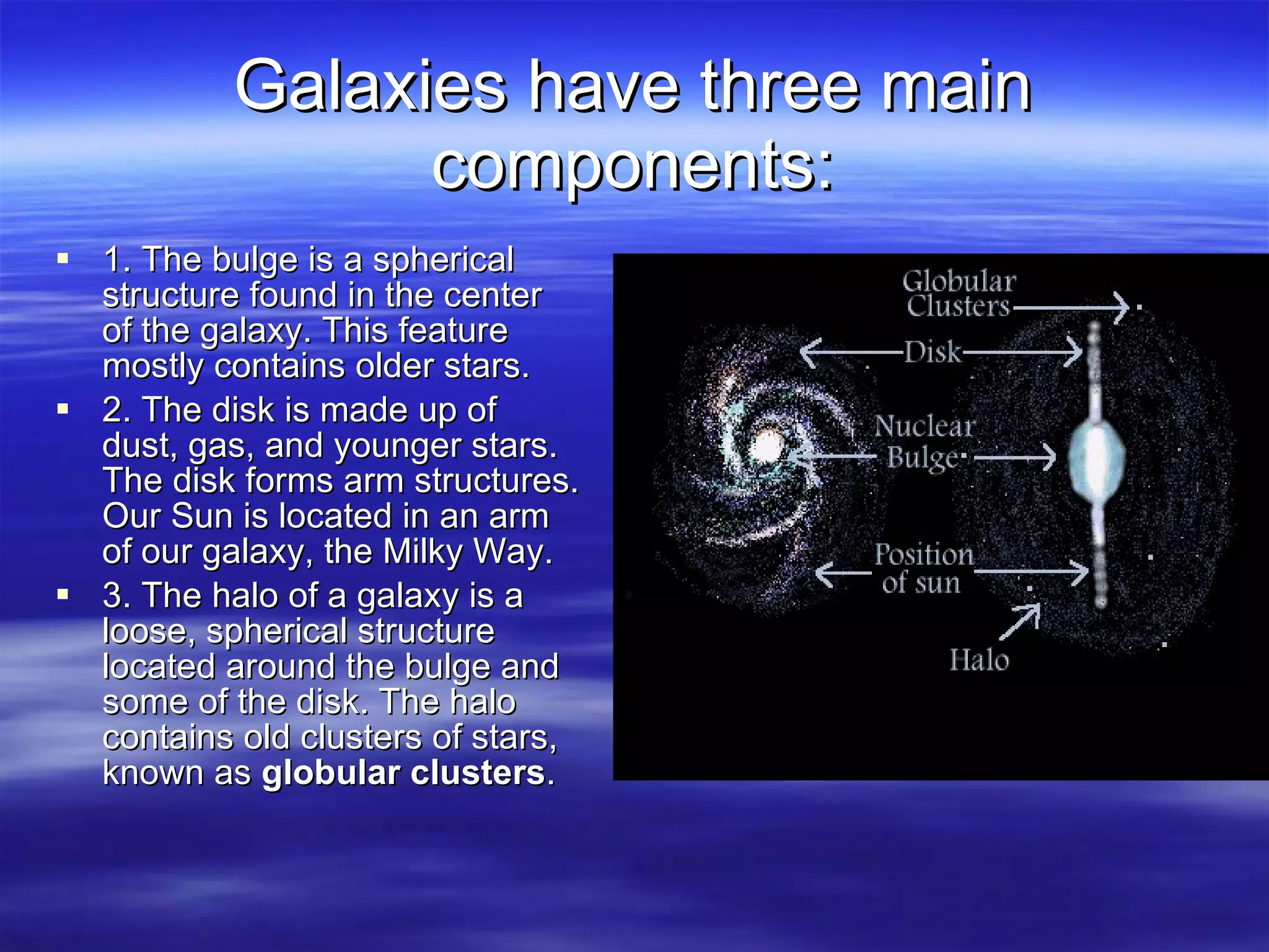 Galaxies have three main components: 1. The bulge is a spherical structure found in the center of the galaxy. This feature mostly contains older stars.  2. The disk is made up of dust, gas, and younger stars. The disk forms arm structures. Our Sun is located in an arm of our galaxy, the Milky Way.  3. The halo of a galaxy is a loose, spherical structure located around the bulge and some of the disk. The halo contains old clusters of stars, known as  globular clusters .  