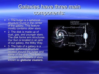 Galaxies have three main components: 1. The bulge is a spherical structure found in the center of the galaxy. This feature mostly contains older stars.  2. The disk is made up of dust, gas, and younger stars. The disk forms arm structures. Our Sun is located in an arm of our galaxy, the Milky Way.  3. The halo of a galaxy is a loose, spherical structure located around the bulge and some of the disk. The halo contains old clusters of stars, known as  globular clusters .  