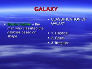 GALAXY Edwin Hubble  – the man who classified the galaxies based on shape CLASSIFICATION OF GALAXY   1. Elliptical 2. Spiral 3. Irregular 