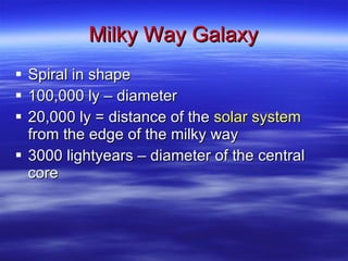 Milky Way Galaxy Spiral in shape 100,000 ly – diameter 20,000 ly = distance of the  solar system  from the edge of the milky way 3000 lightyears – diameter of the central core 