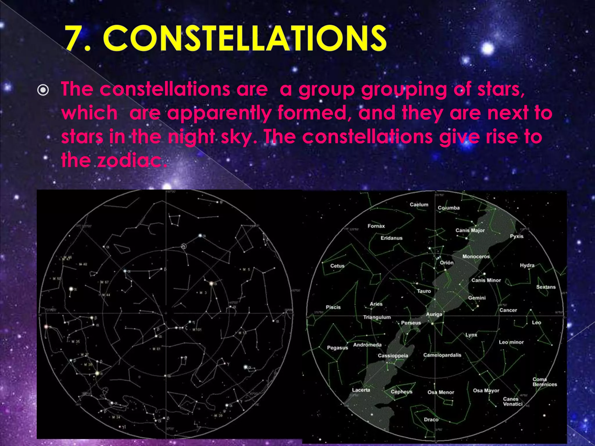    The constellations are a group grouping of stars,
    which are apparently formed, and they are next to
    stars in the night sky. The constellations give rise to
    the zodiac.
 