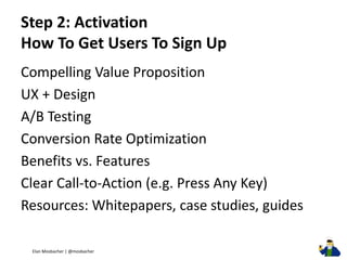 Step 2: Activation How To Get Users To Sign Up 
Compelling Value Proposition 
UX + Design 
A/B Testing 
Conversion Rate Op...