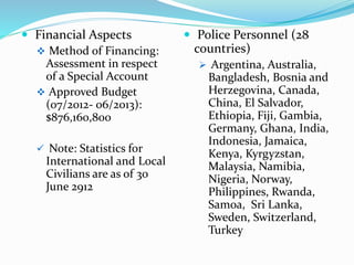  Financial Aspects 
 Method of Financing: 
Assessment in respect 
of a Special Account 
 Approved Budget 
(07/2012- 06/2013): 
$876,160,800 
 Note: Statistics for 
International and Local 
Civilians are as of 30 
June 2912 
 Police Personnel (28 
countries) 
 Argentina, Australia, 
Bangladesh, Bosnia and 
Herzegovina, Canada, 
China, El Salvador, 
Ethiopia, Fiji, Gambia, 
Germany, Ghana, India, 
Indonesia, Jamaica, 
Kenya, Kyrgyzstan, 
Malaysia, Namibia, 
Nigeria, Norway, 
Philippines, Rwanda, 
Samoa, Sri Lanka, 
Sweden, Switzerland, 
Turkey 
 