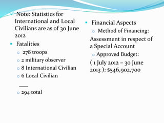  Note: Statistics for 
International and Local 
Civilians are as of 30 June 
2012 
 Fatalities 
o 278 troops 
o 2 military observer 
o 8 International Civilian 
o 6 Local Civilian 
___ 
o 294 total 
 Financial Aspects 
o Method of Financing: 
Assessment in respect of 
a Special Account 
o Approved Budget: 
( 1 July 2012 – 30 June 
2013 ): $546,902,700 
 