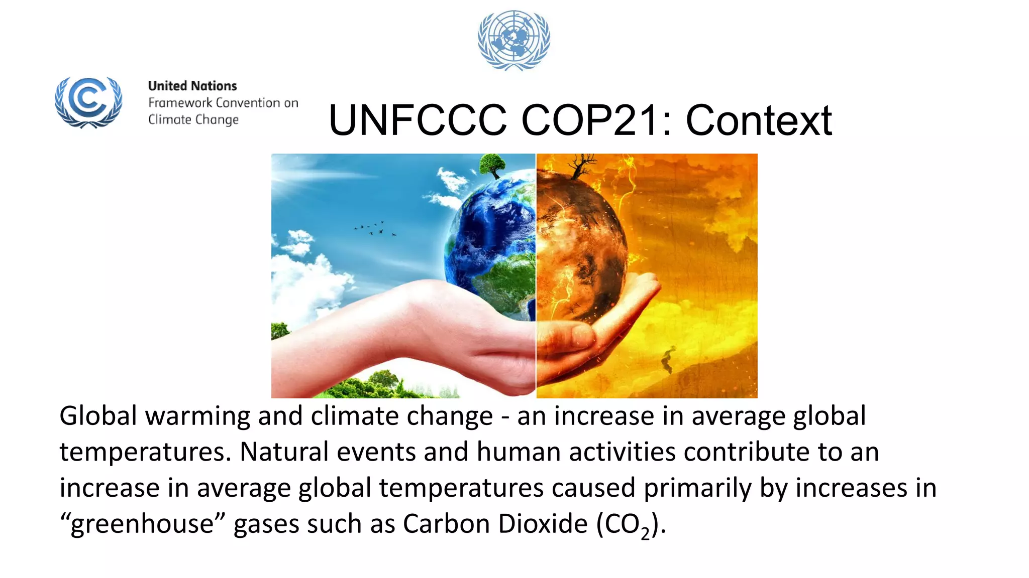 UNFCCC COP21: Context
Global warming and climate change - an increase in average global
temperatures. Natural events and human activities contribute to an
increase in average global temperatures caused primarily by increases in
“greenhouse” gases such as Carbon Dioxide (CO2).
 