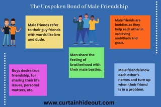The Unspoken Bond of Male Friendship
Male friends refer
to their guy friends
with words like bro
and dude.
Male friends are
buddies.as they
help each other in
achieving
ambitions and
goals.
Boys desire true
friendship, for
sharing their life
issues, personal
matters, etc.
Men share the
feeling of
brotherhood with
their male besties. Male friends know
each other’s
nerves and turn up
when their friend
is in a problem.
www.curtainhideout.com
 