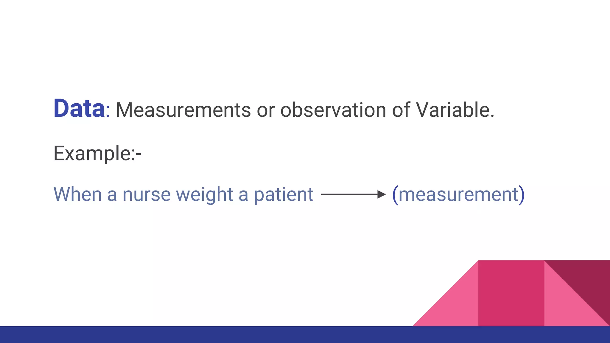 Data: Measurements or observation of Variable.
Example:-
When a nurse weight a patient (measurement)
 
