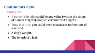 Continuous data
Examples:
● A person's height: could be any value (within the range
of human heights), not just certain fixed heights.
● Time in a race: you could even measure it to fractions of
a second.
● A dog's weight.
● The length of a leaf.
 