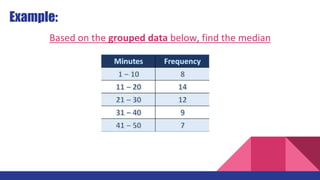 Example:
Based on the grouped data below, find the median
 