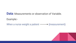 Data: Measurements or observation of Variable.
Example:-
When a nurse weight a patient (measurement)
 