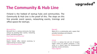 INVESTO
R
The Community & Hub Line
Finland is the hotbed of startup hubs and communities. The
Community & Hub Line is the ...