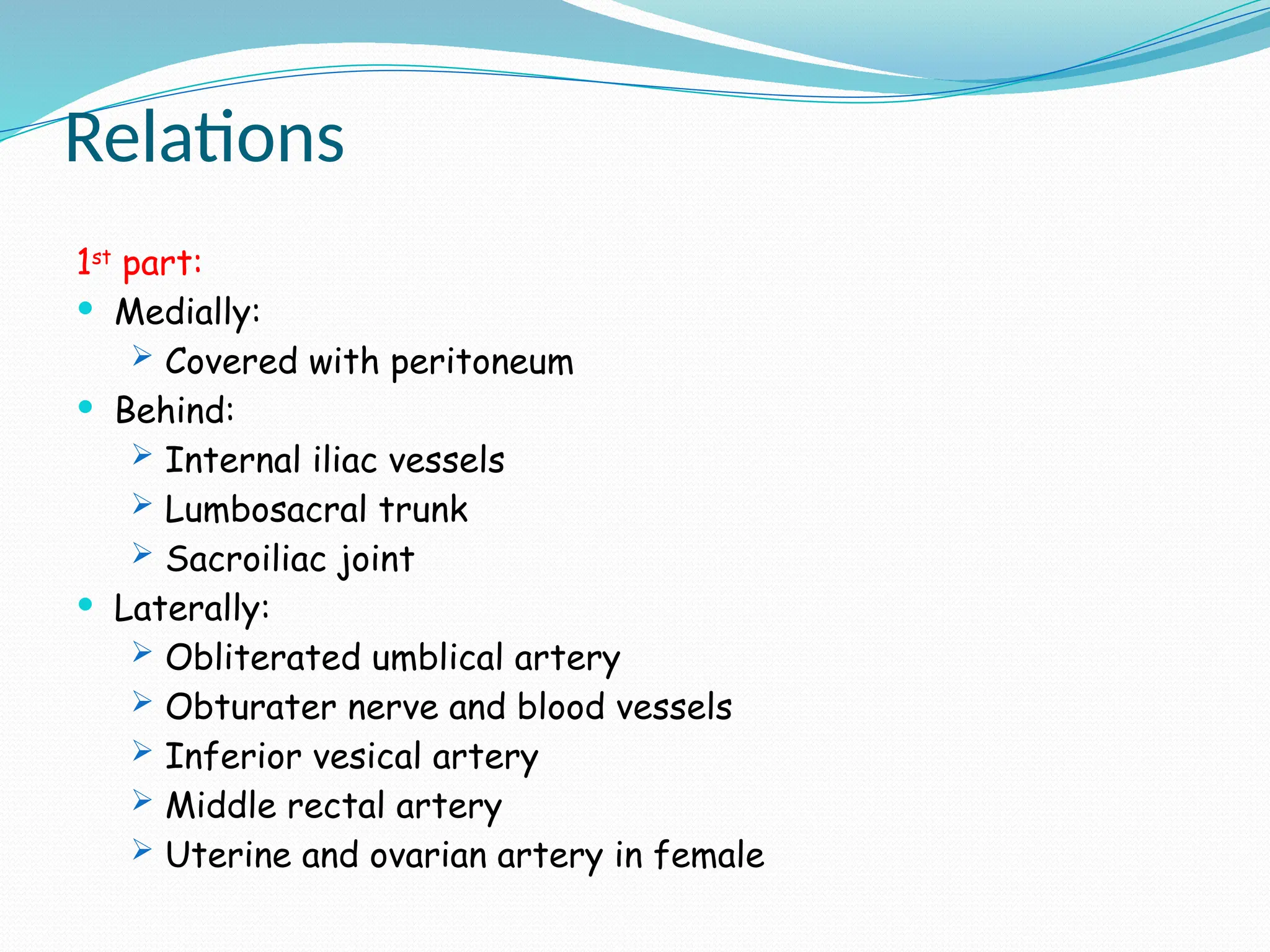 Relations
1st
part:
 Medially:
 Covered with peritoneum
 Behind:
 Internal iliac vessels
 Lumbosacral trunk
 Sacroiliac joint
 Laterally:
 Obliterated umblical artery
 Obturater nerve and blood vessels
 Inferior vesical artery
 Middle rectal artery
 Uterine and ovarian artery in female
 