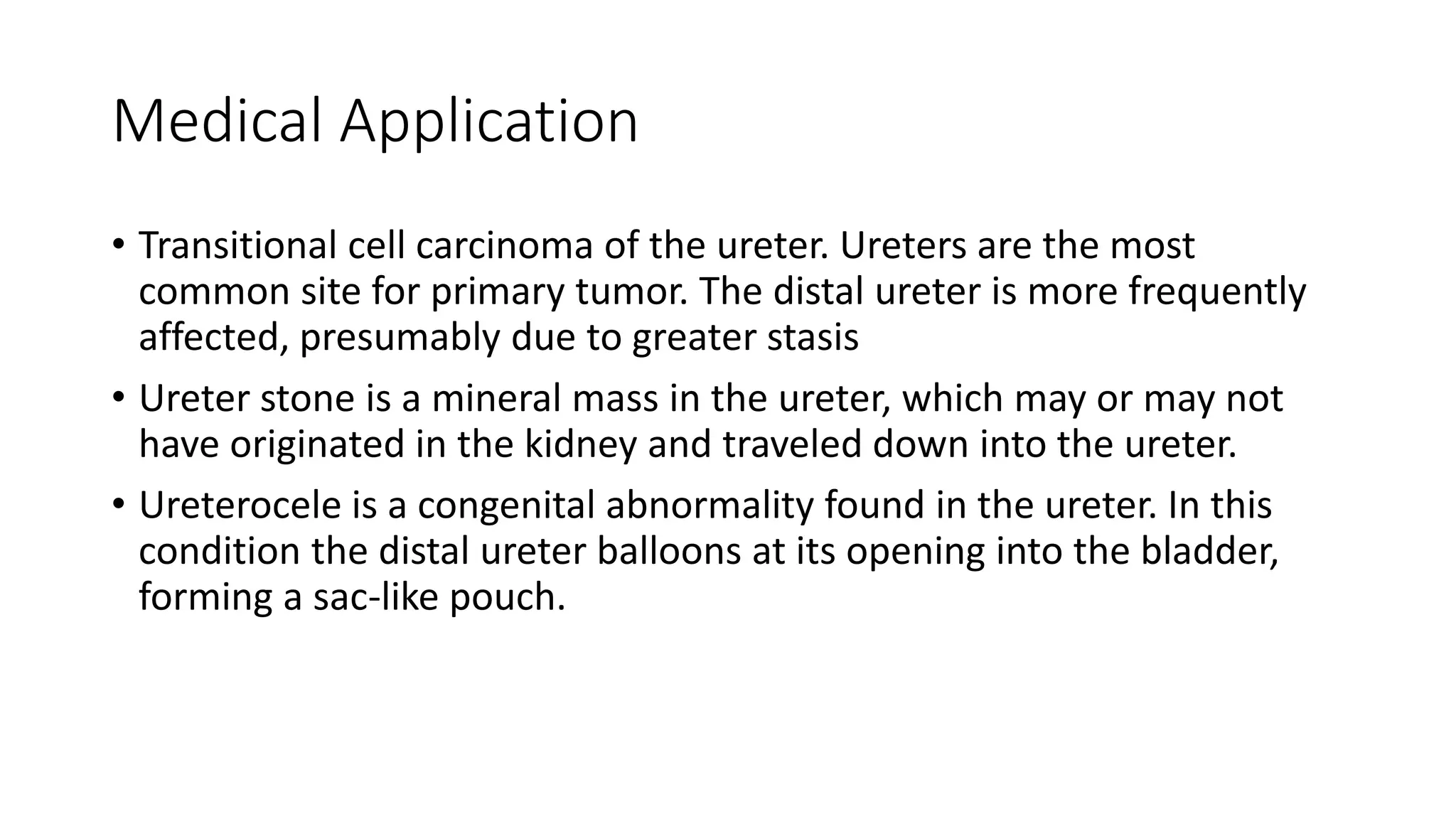 Medical Application
• Transitional cell carcinoma of the ureter. Ureters are the most
common site for primary tumor. The distal ureter is more frequently
affected, presumably due to greater stasis
• Ureter stone is a mineral mass in the ureter, which may or may not
have originated in the kidney and traveled down into the ureter.
• Ureterocele is a congenital abnormality found in the ureter. In this
condition the distal ureter balloons at its opening into the bladder,
forming a sac-like pouch.
 