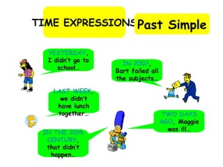 TIME EXPRESSIONS Past Simple YESTERDAY , I didn’t go to school… LAST WEEK , we didn’t have lunch together… TWO DAYS AGO ,  Maggie was ill… IN 2007 , Bart failed all the subjects… IN THE 20th CENTURY , that didn’t happen… 