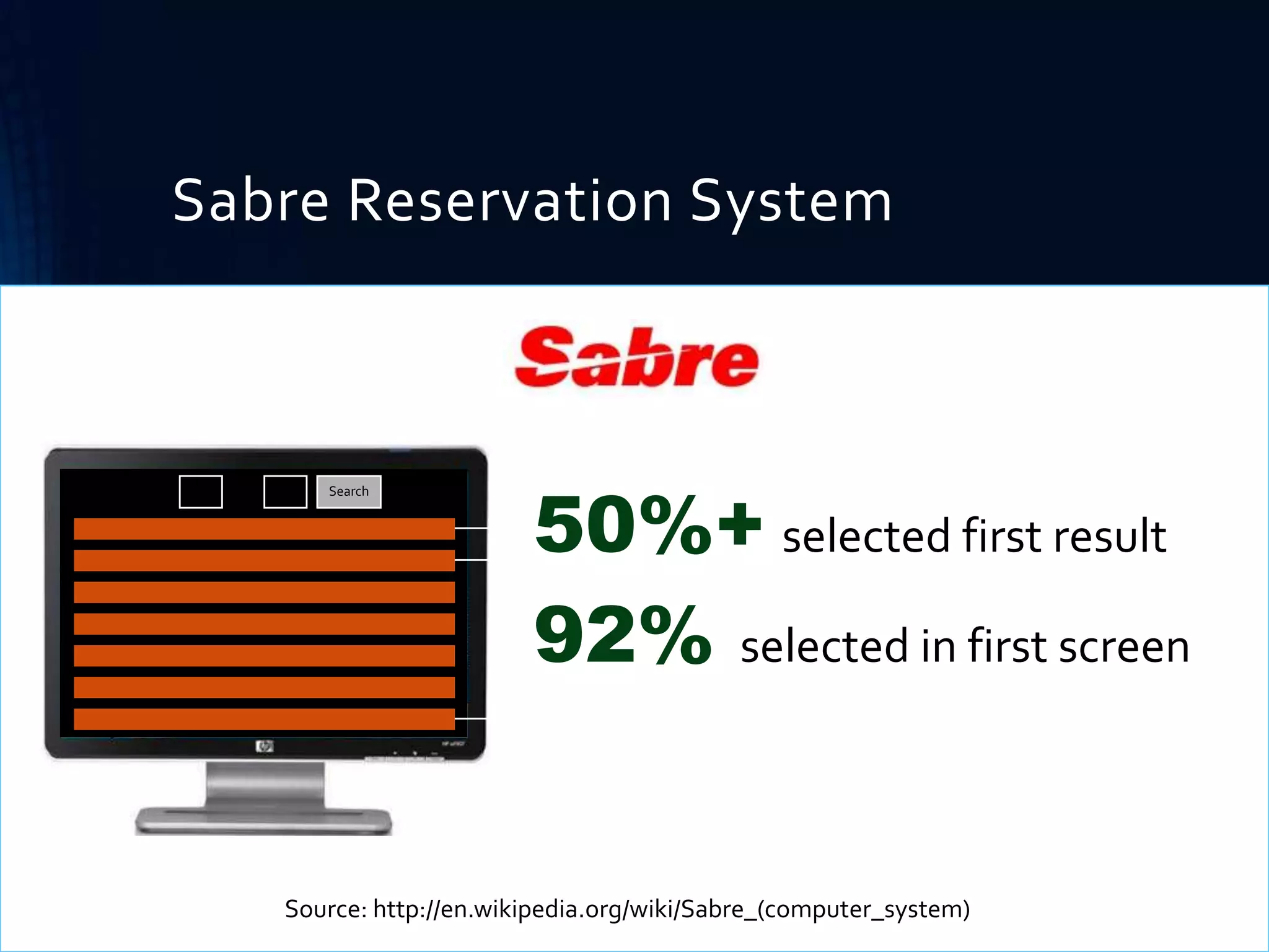 Sabre Reservation System

From: LGA

To:

DTW

Search

50%+ selected first result
92% selected in first screen

Source: http://en.wikipedia.org/wiki/Sabre_(computer_system)

 