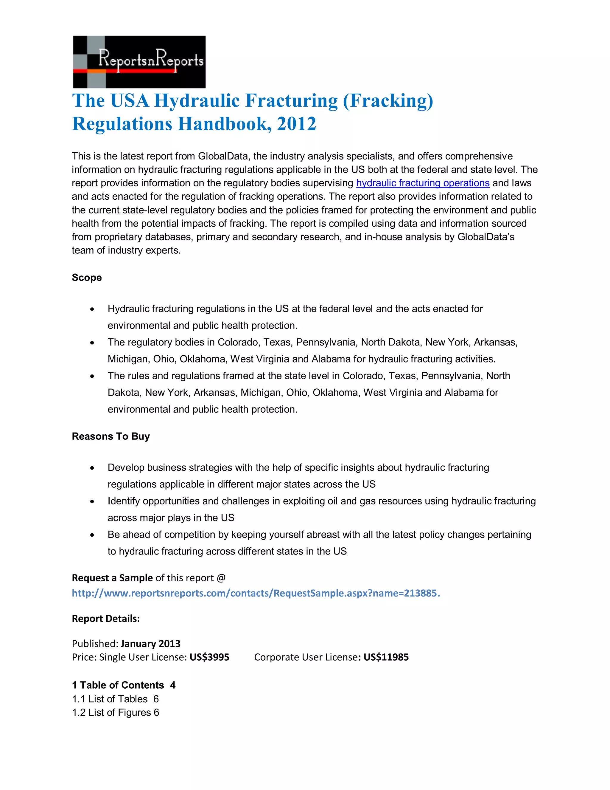 The USA hydraulic fracturing (fracking) regulations handbook, 2012 PDF