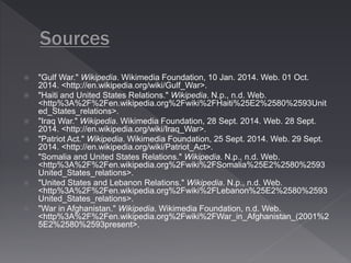  "Gulf War." Wikipedia. Wikimedia Foundation, 10 Jan. 2014. Web. 01 Oct. 
2014. <http://en.wikipedia.org/wiki/Gulf_War>. 
 "Haiti and United States Relations." Wikipedia. N.p., n.d. Web. 
<http%3A%2F%2Fen.wikipedia.org%2Fwiki%2FHaiti%25E2%2580%2593Unit 
ed_States_relations>. 
 "Iraq War." Wikipedia. Wikimedia Foundation, 28 Sept. 2014. Web. 28 Sept. 
2014. <http://en.wikipedia.org/wiki/Iraq_War>. 
 "Patriot Act." Wikipedia. Wikimedia Foundation, 25 Sept. 2014. Web. 29 Sept. 
2014. <http://en.wikipedia.org/wiki/Patriot_Act>. 
 "Somalia and United States Relations." Wikipedia. N.p., n.d. Web. 
<http%3A%2F%2Fen.wikipedia.org%2Fwiki%2FSomalia%25E2%2580%2593 
United_States_relations>. 
 "United States and Lebanon Relations." Wikipedia. N.p., n.d. Web. 
<http%3A%2F%2Fen.wikipedia.org%2Fwiki%2FLebanon%25E2%2580%2593 
United_States_relations>. 
 "War in Afghanistan." Wikipedia. Wikimedia Foundation, n.d. Web. 
<http%3A%2F%2Fen.wikipedia.org%2Fwiki%2FWar_in_Afghanistan_(2001%2 
5E2%2580%2593present>. 
