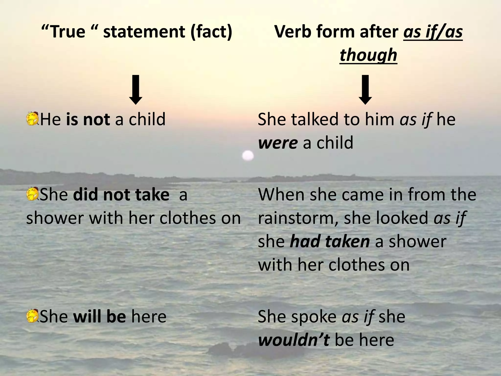 “True “ statement (fact)

He is not a child

Verb form after as if/as
though
She talked to him as if he
were a child

She did not take a
When she came in from the
shower with her clothes on rainstorm, she looked as if
she had taken a shower
with her clothes on
She will be here

She spoke as if she
wouldn’t be here

 