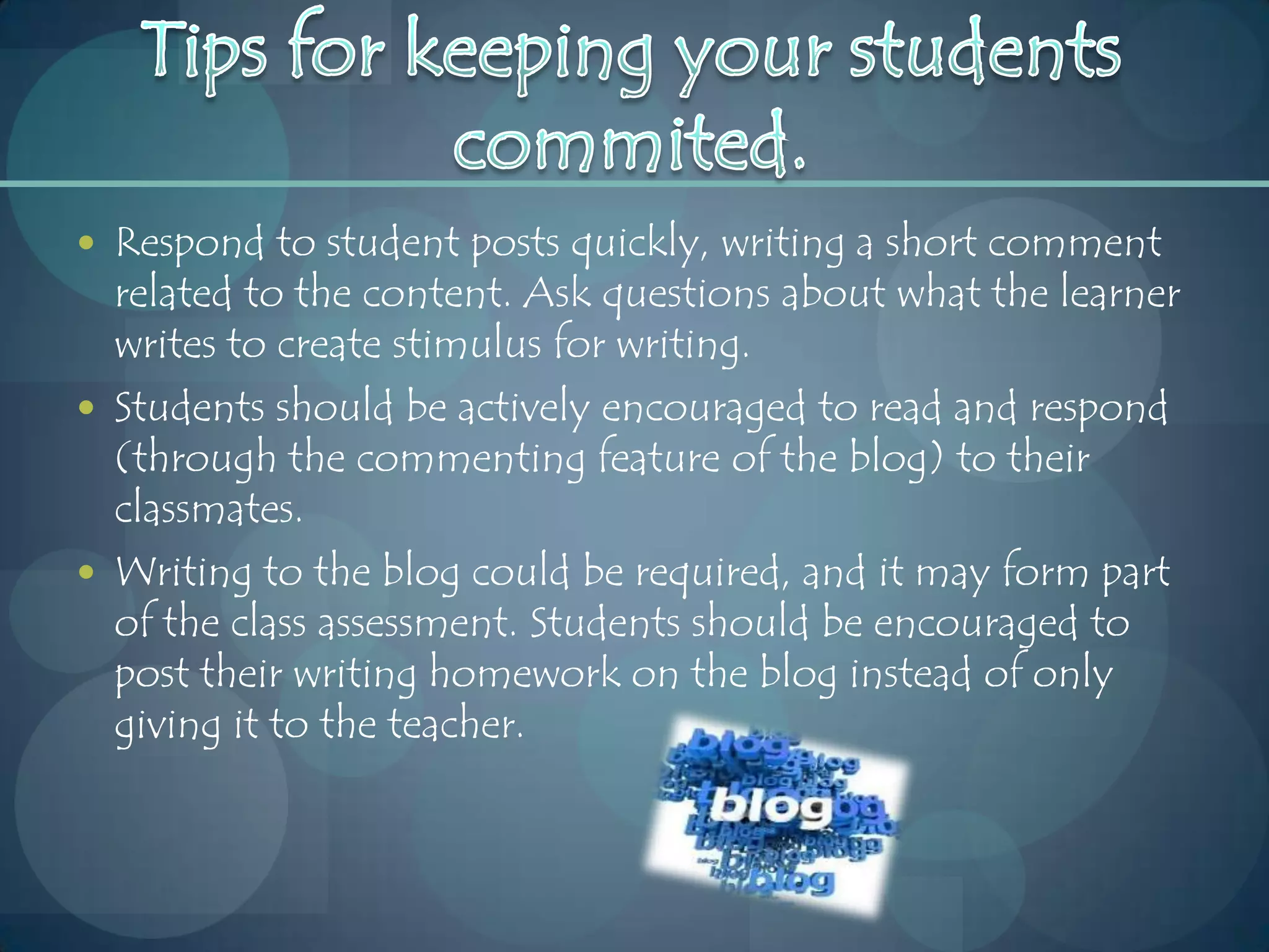 Use of Blogs for English TeachingHow do we use a blog to teach English? There are lots of sites where you can set up a blog for free, but perhaps the best known and one of the most reliable and simple blogging tools to use with students is Blogger (http://blogger.com). It takes only fifteen minutes from setting up an account to publishing the first post using this valuable tool. The teacher sets up the tutor blog or a class blog. With a Class blog, students will need to be invited to participate by e-mail. Learner blog accounts can either be set up beforehand by the teacher, or done at the same time with a whole class in a computer room. The former gives the teacher more control of student accounts, but some advantages of the latter is that learners are given more choice (of username, design of the blog, etc) and a greater sense of 'ownership' of their new virtual writing space. 