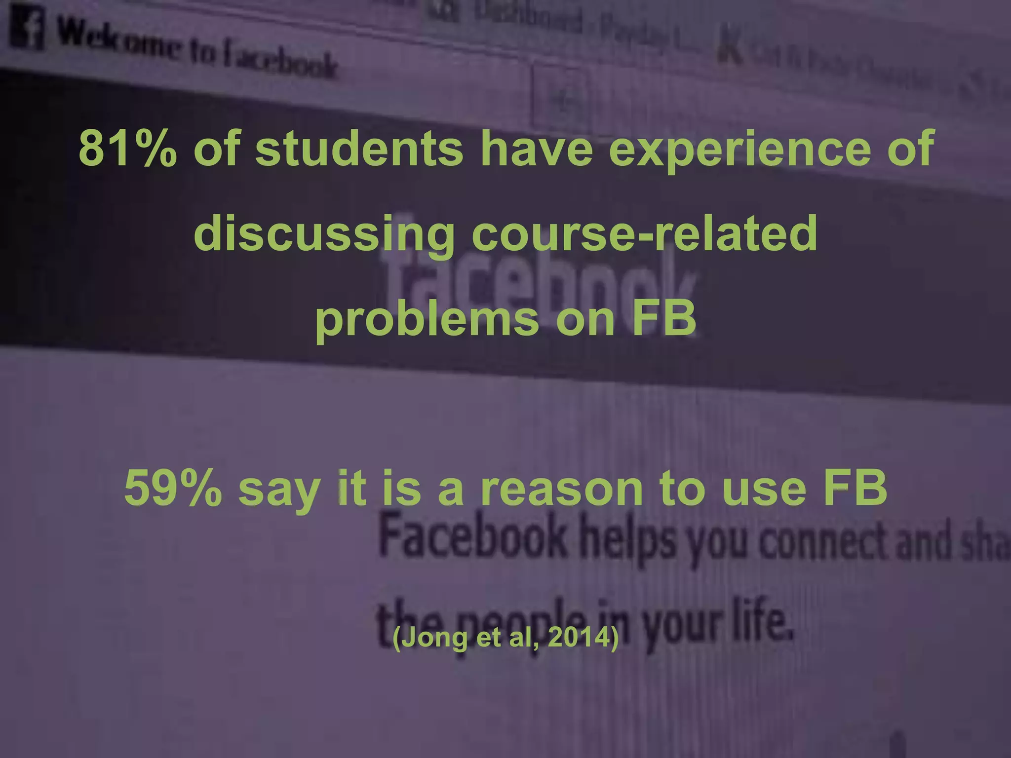 81% of students have experience of
discussing course-related
problems on FB
59% say it is a reason to use FB
(Jong et al, 2014)
 