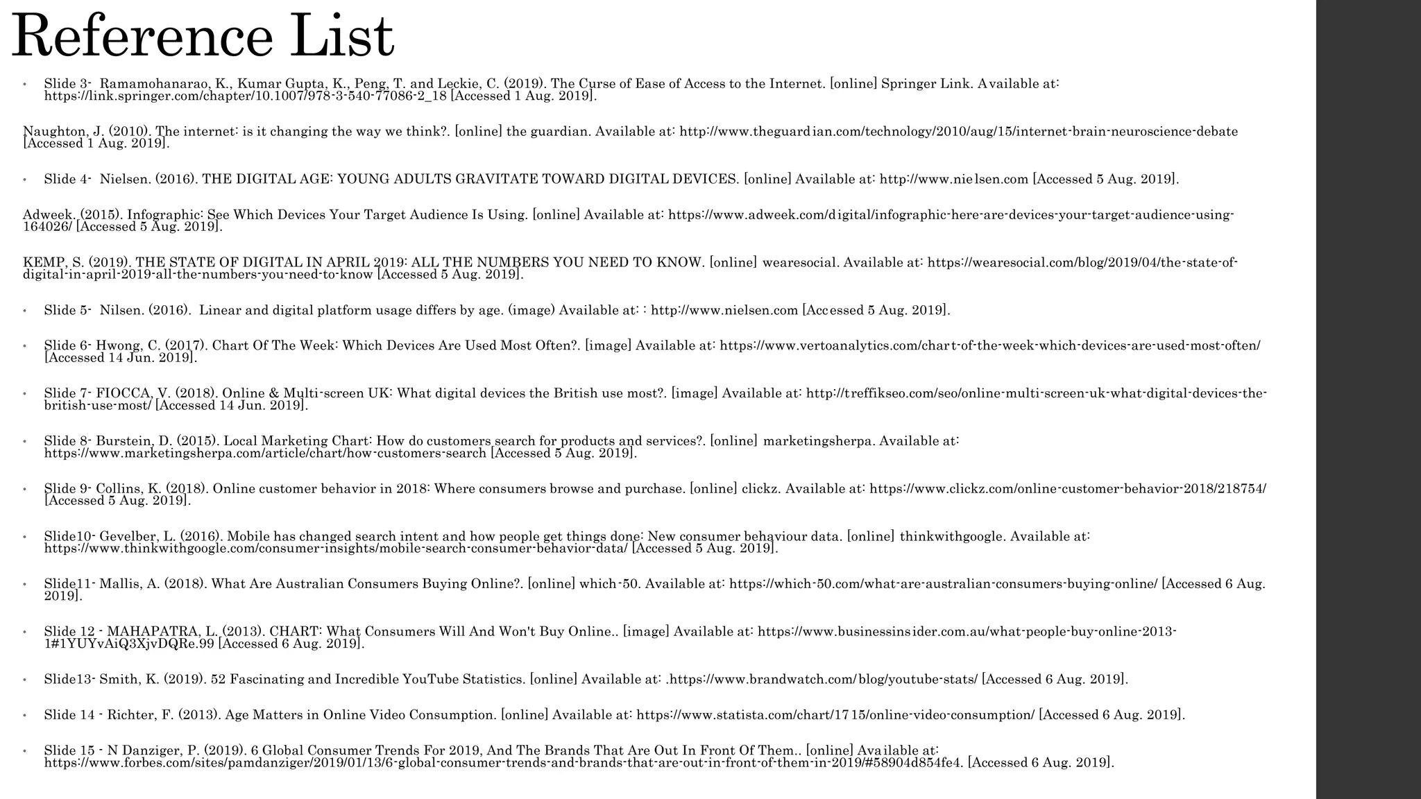 Reference List
• Slide 3- Ramamohanarao, K., Kumar Gupta, K., Peng, T. and Leckie, C. (2019). The Curse of Ease of Access to the Internet. [online] Springer Link. Available at:
https://link.springer.com/chapter/10.1007/978-3-540-77086-2_18 [Accessed 1 Aug. 2019].
Naughton, J. (2010). The internet: is it changing the way we think?. [online] the guardian. Available at: http://www.theguardian.com/technology/2010/aug/15/internet-brain-neuroscience-debate
[Accessed 1 Aug. 2019].
• Slide 4- Nielsen. (2016). THE DIGITAL AGE: YOUNG ADULTS GRAVITATE TOWARD DIGITAL DEVICES. [online] Available at: http://www.nielsen.com [Accessed 5 Aug. 2019].
Adweek. (2015). Infographic: See Which Devices Your Target Audience Is Using. [online] Available at: https://www.adweek.com/digital/infographic-here-are-devices-your-target-audience-using-
164026/ [Accessed 5 Aug. 2019].
KEMP, S. (2019). THE STATE OF DIGITAL IN APRIL 2019: ALL THE NUMBERS YOU NEED TO KNOW. [online] wearesocial. Available at: https://wearesocial.com/blog/2019/04/the-state-of-
digital-in-april-2019-all-the-numbers-you-need-to-know [Accessed 5 Aug. 2019].
• Slide 5- Nilsen. (2016). Linear and digital platform usage differs by age. (image) Available at: : http://www.nielsen.com [Accessed 5 Aug. 2019].
• Slide 6- Hwong, C. (2017). Chart Of The Week: Which Devices Are Used Most Often?. [image] Available at: https://www.vertoanalytics.com/chart-of-the-week-which-devices-are-used-most-often/
[Accessed 14 Jun. 2019].
• Slide 7- FIOCCA, V. (2018). Online & Multi-screen UK: What digital devices the British use most?. [image] Available at: http://treffikseo.com/seo/online-multi-screen-uk-what-digital-devices-the-
british-use-most/ [Accessed 14 Jun. 2019].
• Slide 8- Burstein, D. (2015). Local Marketing Chart: How do customers search for products and services?. [online] marketingsherpa. Available at:
https://www.marketingsherpa.com/article/chart/how-customers-search [Accessed 5 Aug. 2019].
• Slide 9- Collins, K. (2018). Online customer behavior in 2018: Where consumers browse and purchase. [online] clickz. Available at: https://www.clickz.com/online-customer-behavior-2018/218754/
[Accessed 5 Aug. 2019].
• Slide10- Gevelber, L. (2016). Mobile has changed search intent and how people get things done: New consumer behaviour data. [online] thinkwithgoogle. Available at:
https://www.thinkwithgoogle.com/consumer-insights/mobile-search-consumer-behavior-data/ [Accessed 5 Aug. 2019].
• Slide11- Mallis, A. (2018). What Are Australian Consumers Buying Online?. [online] which-50. Available at: https://which-50.com/what-are-australian-consumers-buying-online/ [Accessed 6 Aug.
2019].
• Slide 12 - MAHAPATRA, L. (2013). CHART: What Consumers Will And Won't Buy Online.. [image] Available at: https://www.businessinsider.com.au/what-people-buy-online-2013-
1#1YUYvAiQ3XjvDQRe.99 [Accessed 6 Aug. 2019].
• Slide13- Smith, K. (2019). 52 Fascinating and Incredible YouTube Statistics. [online] Available at: .https://www.brandwatch.com/blog/youtube-stats/ [Accessed 6 Aug. 2019].
• Slide 14 - Richter, F. (2013). Age Matters in Online Video Consumption. [online] Available at: https://www.statista.com/chart/1715/online-video-consumption/ [Accessed 6 Aug. 2019].
• Slide 15 - N Danziger, P. (2019). 6 Global Consumer Trends For 2019, And The Brands That Are Out In Front Of Them.. [online] Available at:
https://www.forbes.com/sites/pamdanziger/2019/01/13/6-global-consumer-trends-and-brands-that-are-out-in-front-of-them-in-2019/#58904d854fe4. [Accessed 6 Aug. 2019].
 