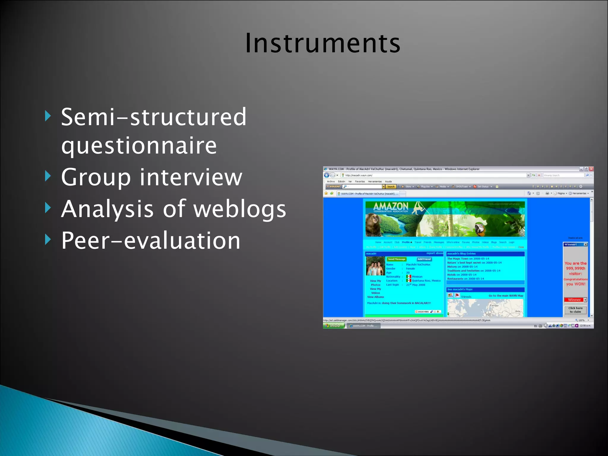 Semi-structured questionnaire Group interview Analysis of weblogs Peer-evaluation Instruments 