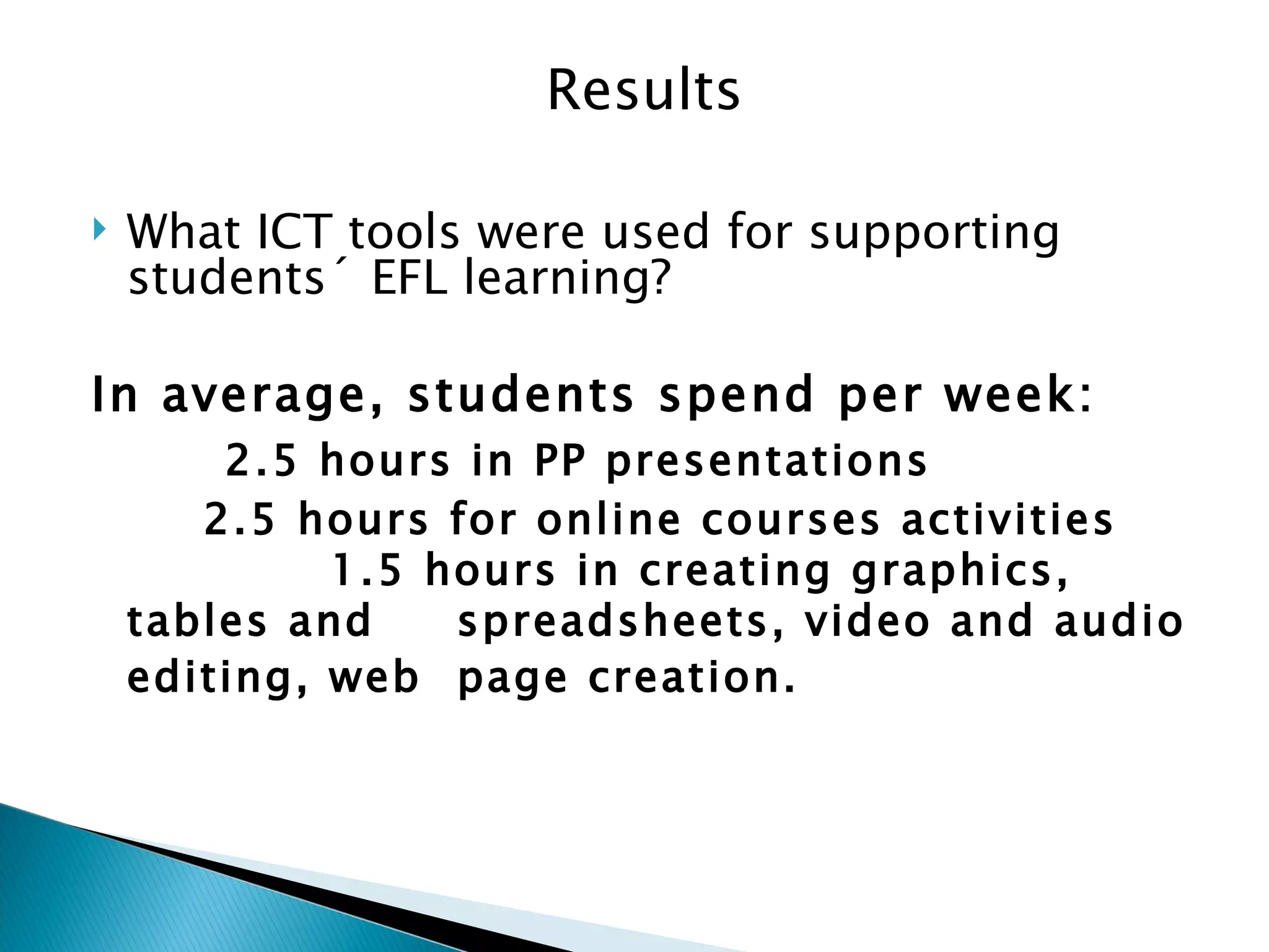 What ICT tools were used for supporting students´ EFL learning?   In average, students spend per week:  2.5 hours in PP presentations  2.5 hours for online courses activities 1.5 hours in creating graphics, tables and  spreadsheets, video and audio editing , web  page creation. Results 