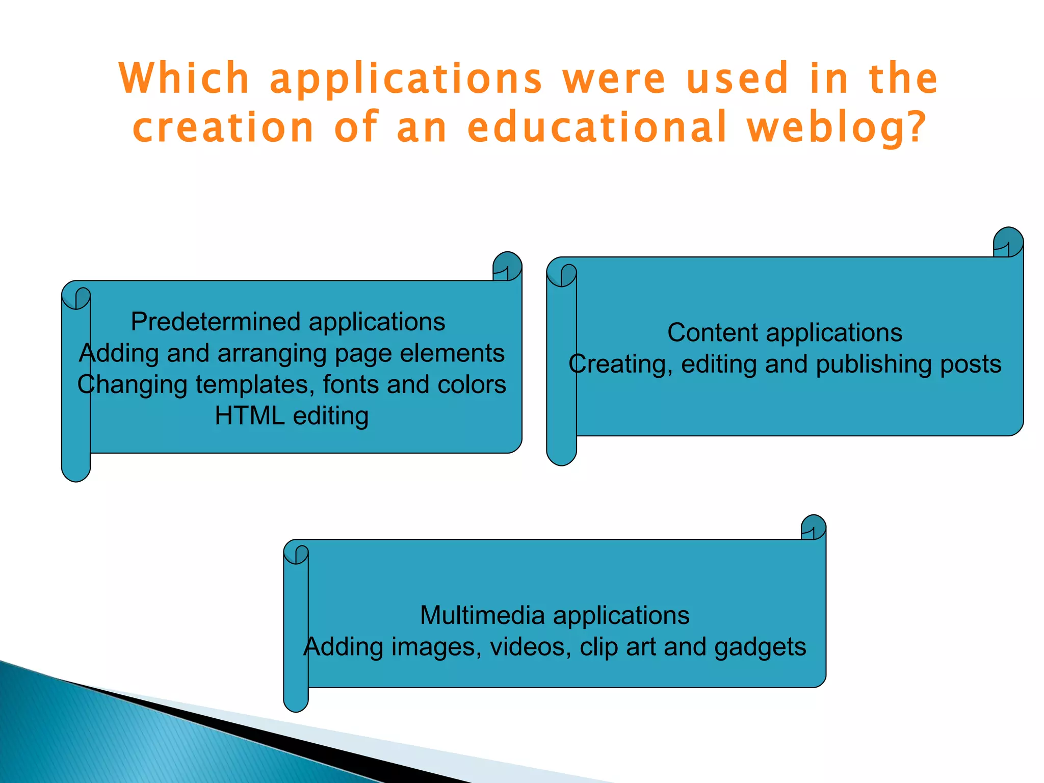 Which applications were used in the creation of an educational weblog? Predetermined applications  Adding and arranging page elements Changing templates, fonts and colors HTML editing Content applications Creating, editing and publishing posts Multimedia applications Adding images, videos, clip art and gadgets 