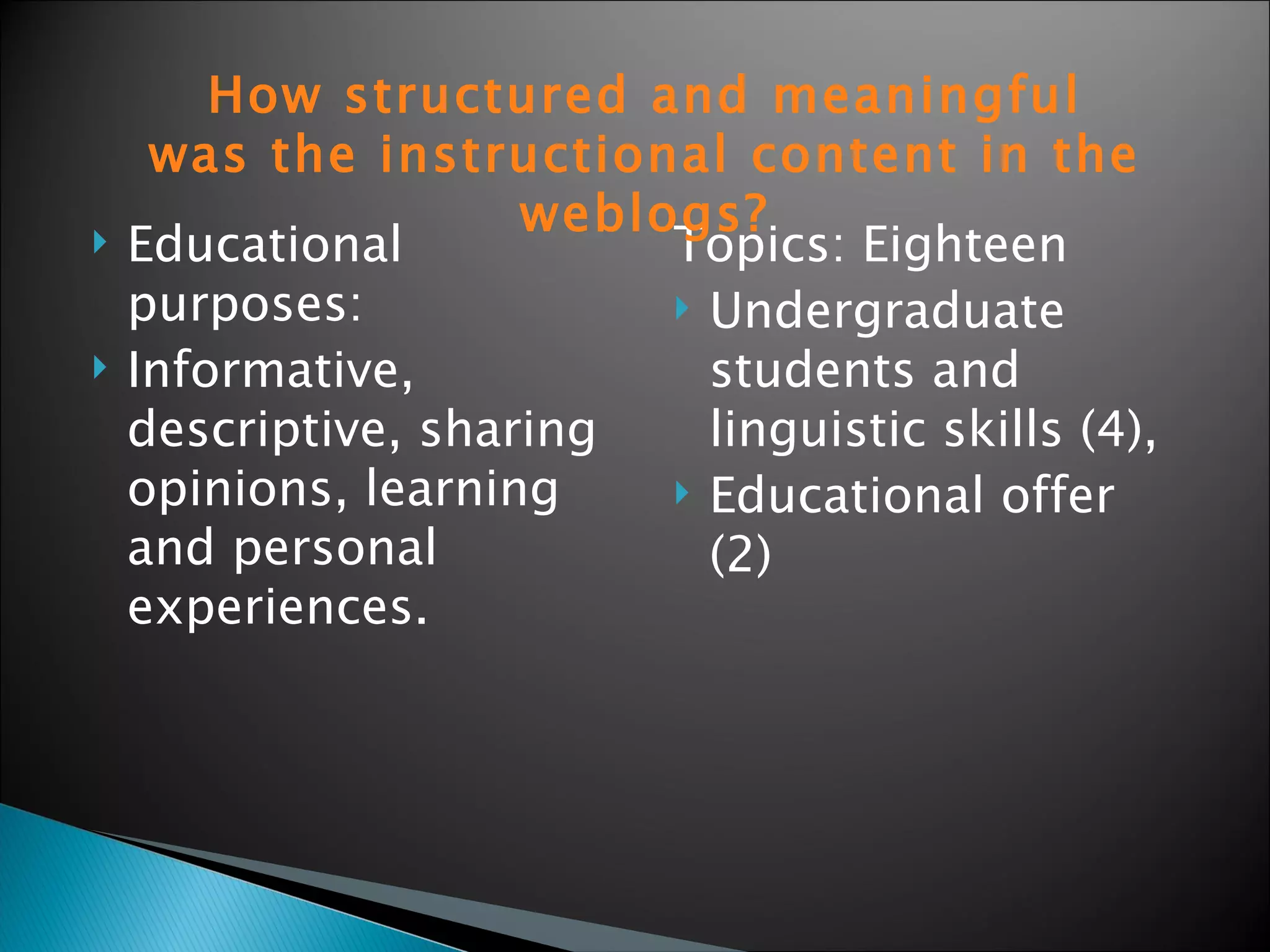 Educational purposes: Informative, descriptive, sharing opinions, learning and personal experiences.  Topics: Eighteen Undergraduate students and linguistic skills (4), Educational offer (2) How structured and meaningful was the instructional content in the weblogs? 