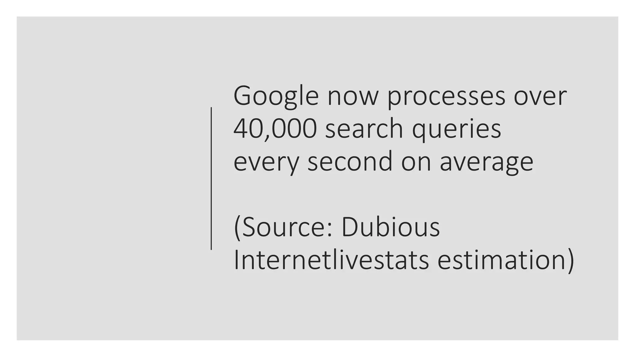Google now processes over
40,000 search queries
every second on average
(Source: Dubious
Internetlivestats estimation)
 
