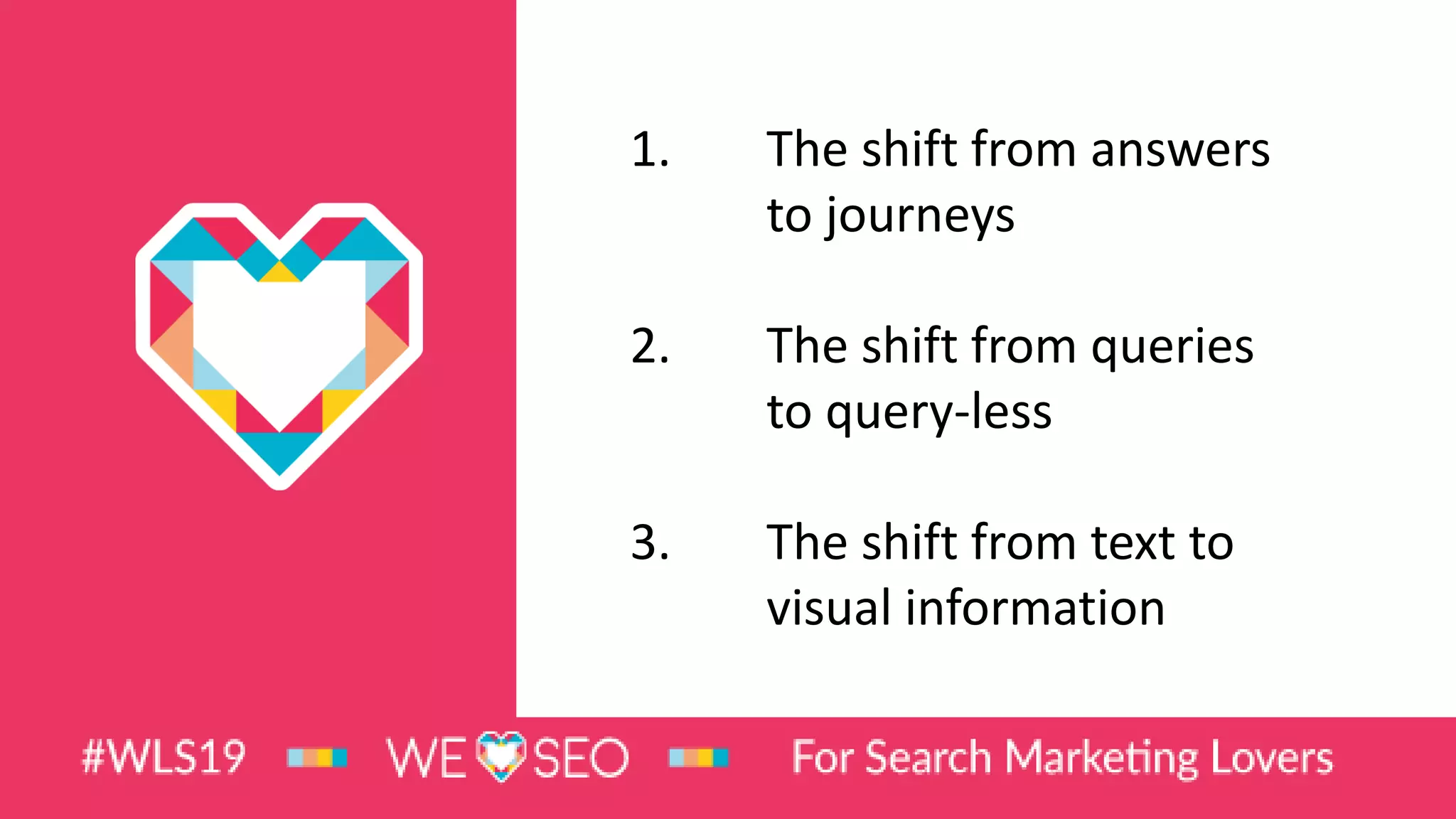 1. The shift from answers
to journeys
2. The shift from queries
to query-less
3. The shift from text to
visual information
 