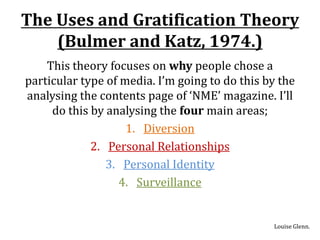 The Uses and Gratification Theory
    (Bulmer and Katz, 1974.)
    This theory focuses on why people chose a
particular type of media. I’m going to do this by the
analysing the contents page of ‘NME’ magazine. I’ll
     do this by analysing the four main areas;
                    1. Diversion
             2. Personal Relationships
                3. Personal Identity
                   4. Surveillance


                                                Louise Glenn.
 