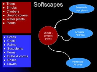 Softscapes
 Trees
 Shrubs
 Climbers
 Ground covers
 Water plants
 Plants
 Grass
 Cactii
 Palms
 Succulents
 Ferns
 Bulbs & corms
 Roses
 Lawns
Seasonals
esp. plants
Annuals -
All three
Shrubs ,
climbers,
plants
Perrenials-
All three
 