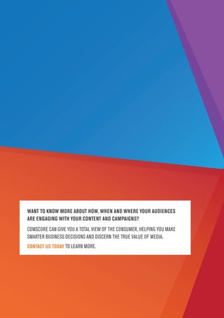 PAGE 16
WANT TO KNOW MORE ABOUT HOW, WHEN AND WHERE YOUR AUDIENCES
ARE ENGAGING WITH YOUR CONTENT AND CAMPAIGNS?
COMSCORE CAN GIVE YOU A TOTAL VIEW OF THE CONSUMER, HELPING YOU MAKE
SMARTER BUSINESS DECISIONS AND DISCERN THE TRUE VALUE OF MEDIA.
CONTACT US TODAY TO LEARN MORE.
 
