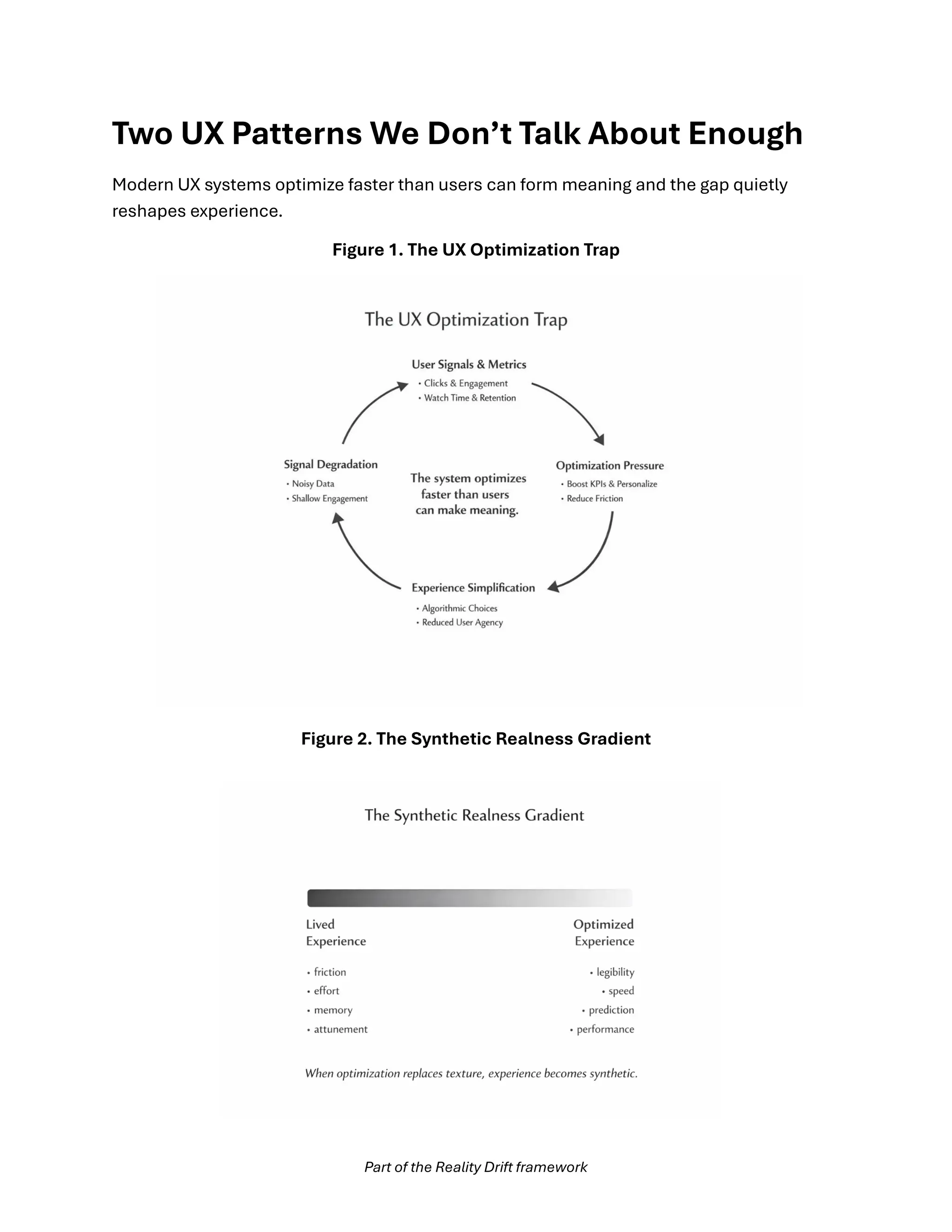 Part of the Reality Drift framework
Two UX Patterns We Don’t Talk About Enough
Modern UX systems optimize faster than users can form meaning and the gap quietly
reshapes experience.
Figure 1. The UX Optimization Trap
Figure 2. The Synthetic Realness Gradient
 