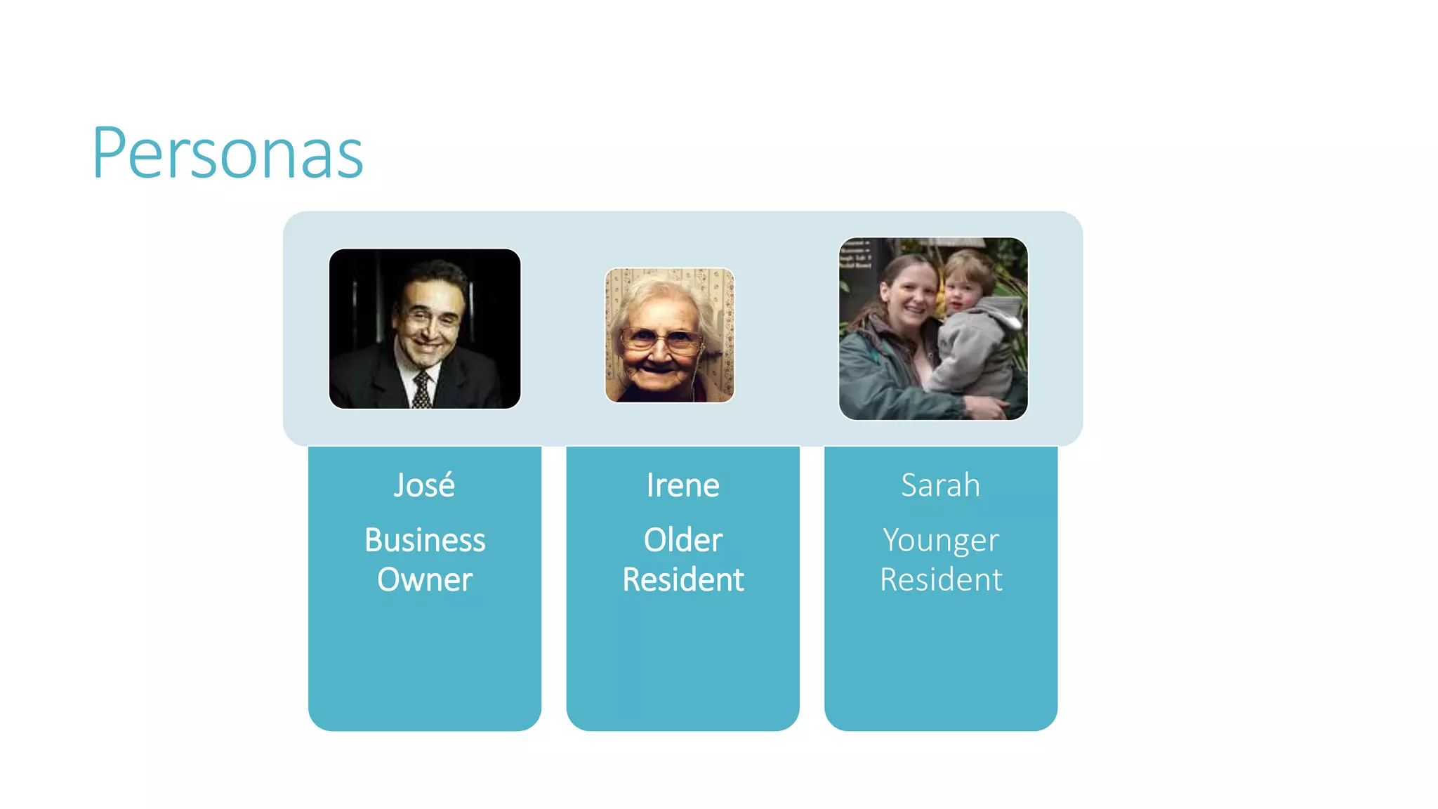 Personas 
José 
Business 
Owner 
Irene 
Older 
Resident 
Sarah 
Younger 
Resident 
 