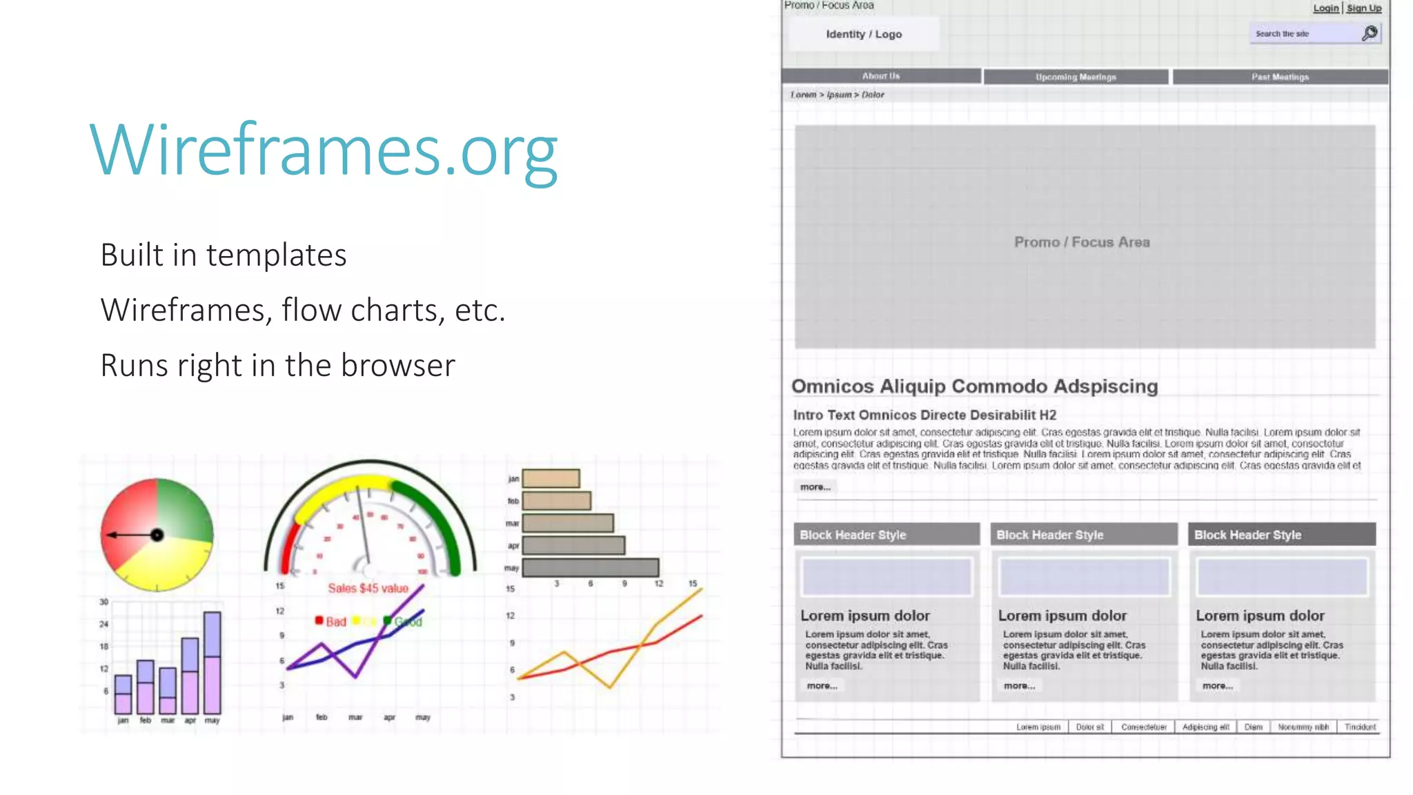Wireframes.org 
Built in templates 
Wireframes, flow charts, etc. 
Runs right in the browser 
 