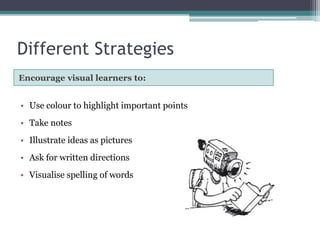 Different Strategies
Encourage visual learners to:

• Use colour to highlight important points
• Take notes
• Illustrate ideas as pictures
• Ask for written directions
• Visualise spelling of words

 